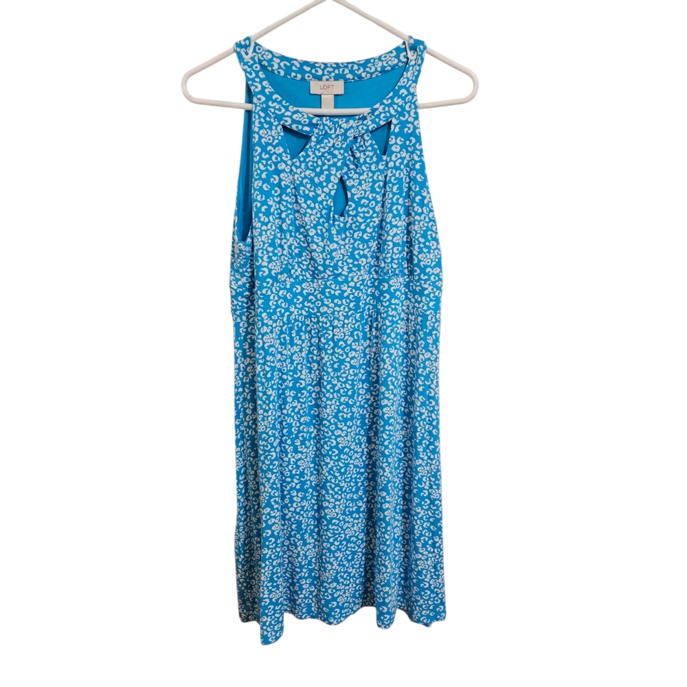 LOFT  SLEEVELESS SOFT SUMMER DRESS WITH  CUTOUTS KNEE LENGTH BLUE/WHT PRINT LG